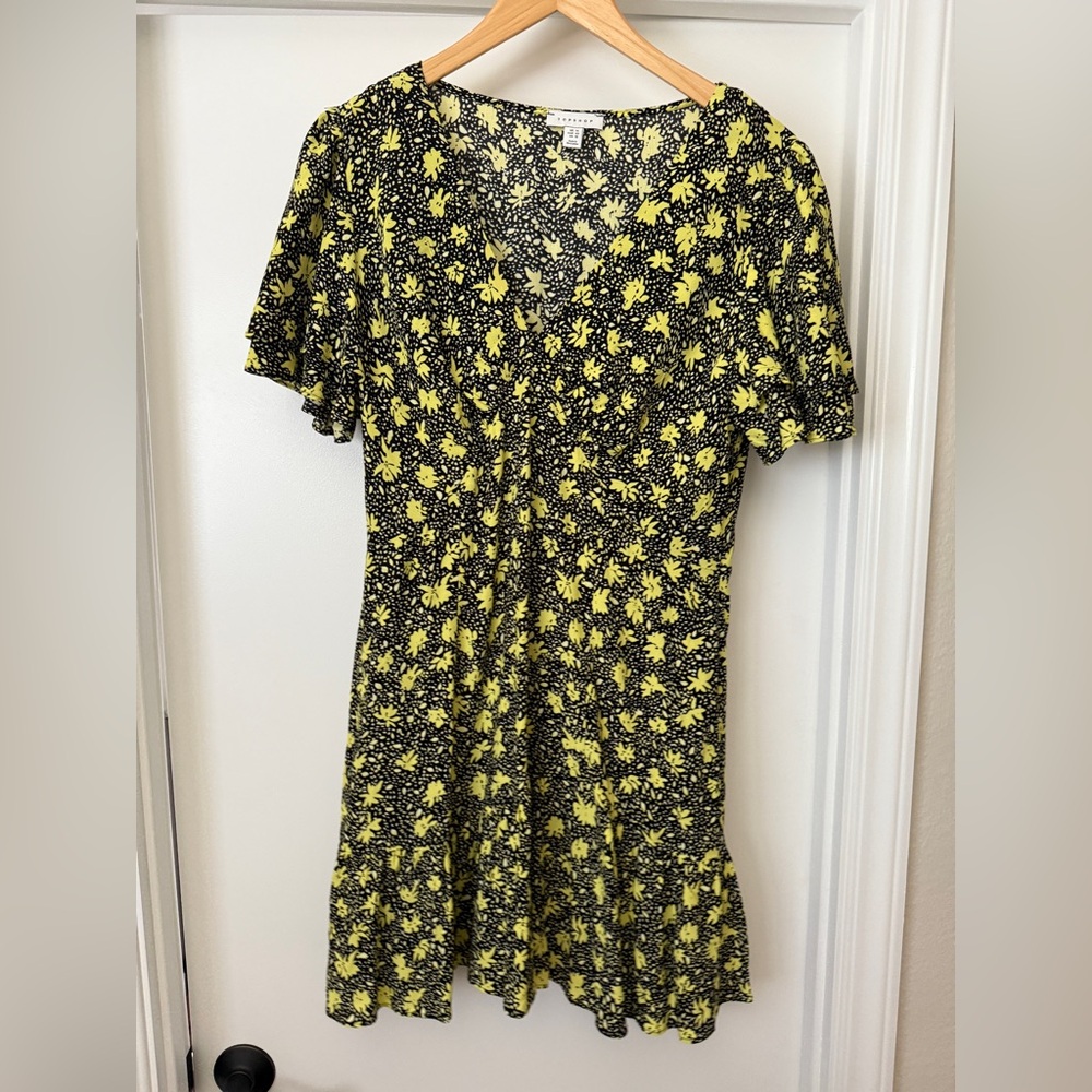 Topshop Floral Black and Yellow Dress, size 10.